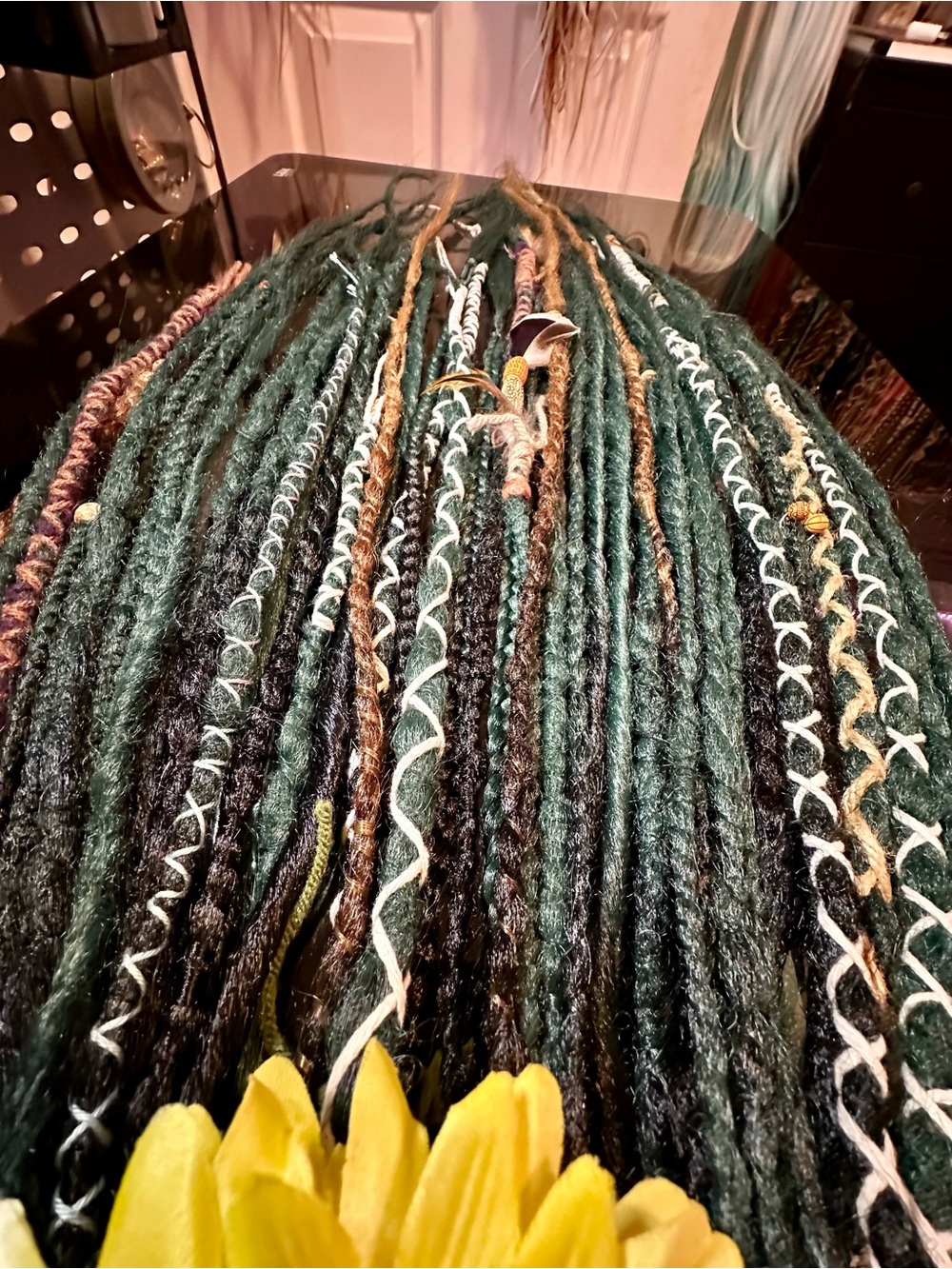 Dark Green Faux Dreadlock Extensions with Brown & Black Accents - Women Hair